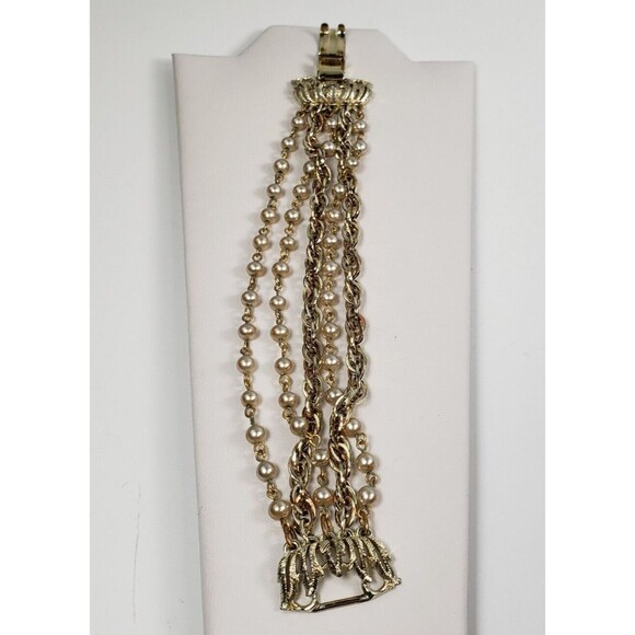 Vintage 1990's Signed Star 5 Strand Gray Pearl Beads Chains 6 1/2 Bracelet - Picture 12 of 15